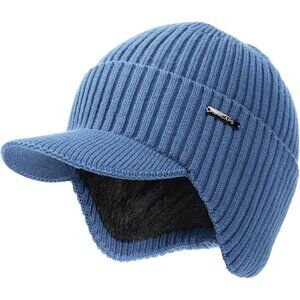 Men & Women Blue Beanie with Brim and Ear Flaps Fleece-Lined Hat